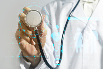 The doctor takes care of the patient.A half-standing doctor, without a face, holding a stethoscope...