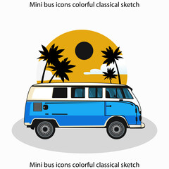 Mini bus icons colorful classical sketch