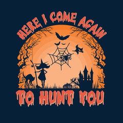 Halloween ghosts and pumpkins with evil smiles. Vector clip art illustration with simple gradients. Holiday promo banner with spooky flying ghosts, black spiders and bats, scary pumpkins on orange bac