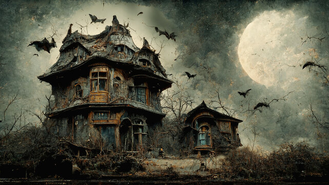 Dilapidated house in ruin at night, with full moom and flying bats, Halloween fantasy made with generative AI