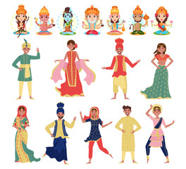 Indian People Character in National Dress and Turban with Ancient Deity Big Vector Set