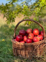 Organic Apples in a Basket. Autumn background. Harvest season concept. Organic apples close up for fresh juice.