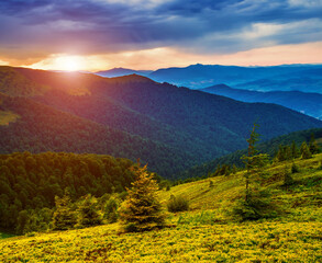 Fototapeta na wymiar scenic nature scenery, awesome sunset landscape, beautiful morning background in the mountains, Carpathian mountains, Ukraine, Europe