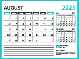 Monthly calendar template for 2023 year. August 2023 year, Week Starts on Sunday, Desk calendar 2023 design, Wall calendar, planner design, stationery, printing media, advertisement, vector
