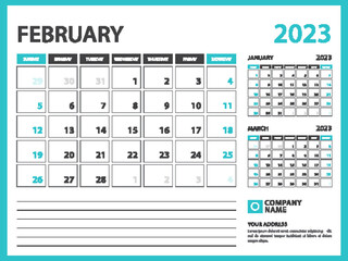 Monthly calendar template for 2023 year. February 2023 year, Week Starts on Sunday, Desk calendar 2023 design, Wall calendar, planner design, stationery, printing media, advertisement, vector