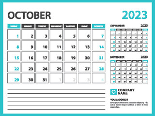 Monthly calendar template for 2023 year. October 2023 year, Week Starts on Sunday, Desk calendar 2023 design, Wall calendar, planner design, stationery, printing media, advertisement, vector