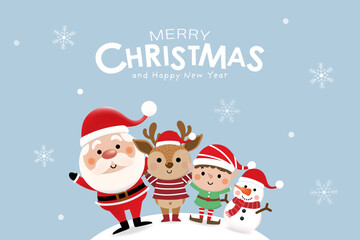 Merry Christmas and happy new year 2023 greeting card with cute Santa Claus, little elf, snowman, xmas tree  and deer. Holiday cartoon character in winter season. -Vector