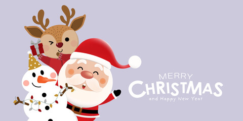 Merry Christmas and happy new year 2023 greeting card with cute Santa Claus, deer and snowman. Holiday cartoon character in winter season. -Vector.