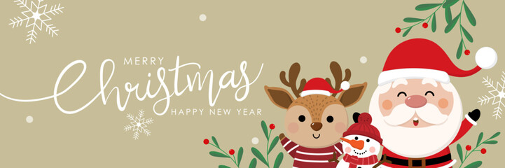 Merry Christmas and happy new year 2023 greeting card with cute Santa Claus, deer and snowman. Holiday cartoon character in winter season. -Vector.