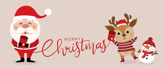 Merry Christmas and happy new year 2023 greeting card with cute Santa Claus, deer and snowman. Holiday cartoon character in winter season. -Vector.