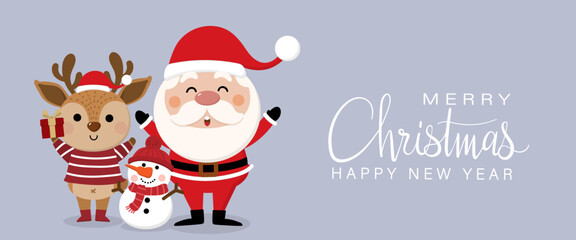 Merry Christmas and happy new year 2023 greeting card with cute Santa Claus, deer and snowman. Holiday cartoon character in winter season. -Vector.