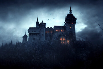 Spooky Dracula castle, Painting of haunted mansion - obrazy, fototapety, plakaty