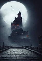 Spooky Dracula castle, Painting of haunted mansion - obrazy, fototapety, plakaty