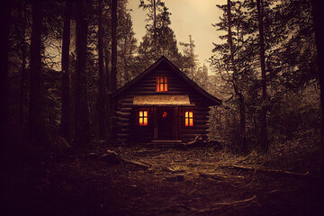 Creepy cabin in the woods, illustration of a haunted house - obrazy, fototapety, plakaty