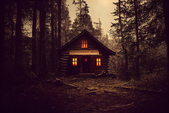 Creepy cabin in the woods, illustration of a haunted house