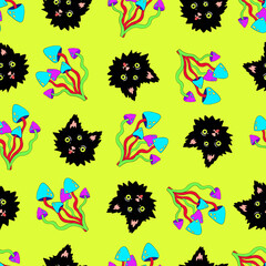Fototapeta na wymiar Vector seamless psychedelic pattern with trippy acid mushrooms and funky Halloween cat. Halloween scary vibes pattern. Acid Halloween trippy background. Crazy Halloween party