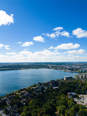 Down town barrie Drone views  Beginning of fall  blue skies and clouds 