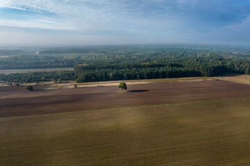Kolorowe pola uprawne widziane z góry, rolniczy krajobraz polskiej wsi. Wczesna jesień. Jesienne mgły.