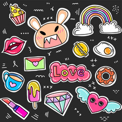 Doodle Kawaii various set fashion patch badges for sticker , postcard , invitation . vector illustration for kids