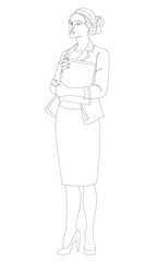 Collection. Silhouettes of a girl are standing in a modern single line style. Business woman with documents. Continuous line, aesthetic design outline, posters, stickers, logo. Vector illustration set