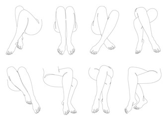 Collection. Silhouettes of female legs in a modern one line style. Continuous line drawing, home decor aesthetic outline, posters, wall art, stickers, logo. Set of vector illustrations.