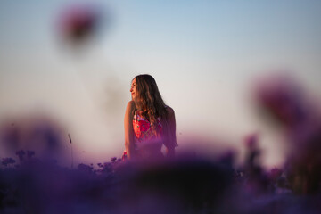 artistic photo of a beautiful long haired woman in a classic colorful dress enjoying the sunset over a vast field of purple flowers, a magical rural landscape during sunset;