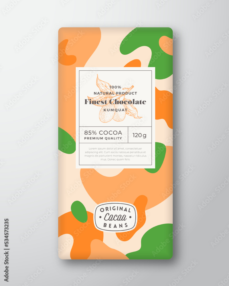Wall mural kumquat chocolate label. abstract shapes vector packaging design layout with realistic shadows. mode