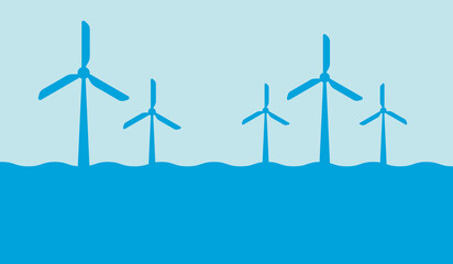 Offshore wind turbines / windmills park on blue water in the ocean.
