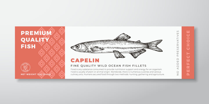 Premium Quality Capelin Vector Packaging Label Design Modern Typography and Hand Drawn Fish Silhouette Seafood Product Background Layout