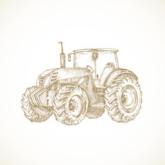 Hand Drawn Tractor Vector Illustration. Agriculture Machine Engraving Style Drawing. Modern Crop Production Vehicle Doodle Isolated