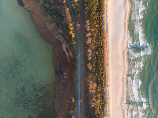 drone photography of colorful sunrise on the beach in hel peninsula, sunset on the paradise beach aerial photography, poland