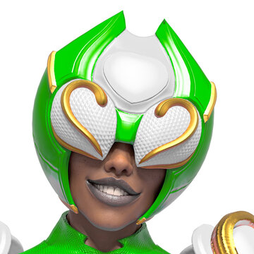 superheroine is smiling for an id profile picture on white background
