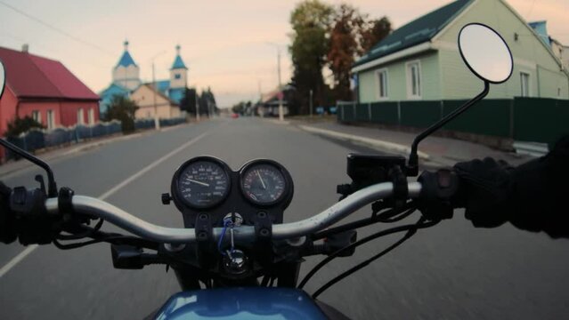 first person motorcycle ride, retro motorcycle journey.