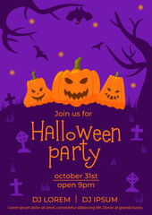 Halloween party invitations flyer. Vector illustration with jack o lantern pumpkin, bats on cemetery. Template for poster, banner, promotions, social media, greeting card. Place for your text message