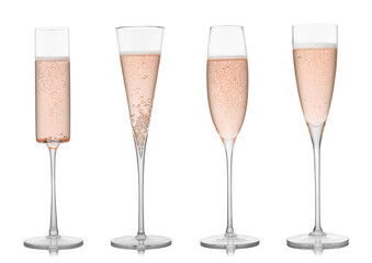 Various handmade rose pink champagne glasses on white background.