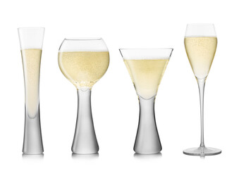 Set of various  wine and yellow champagne crystal luxury glasses on white.Flute,prosecco and ballon shape glasses.