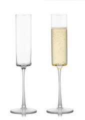 Champagne full and empty elegant glasses on white background with bubbles.