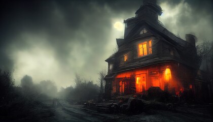 Scary house, halloween eve. Homes at night, dark clouds, terror. AI Generated image.