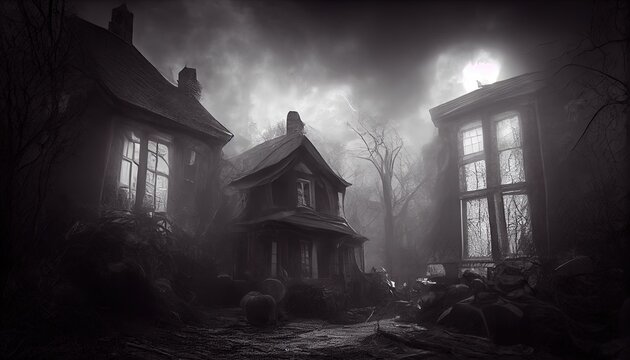 Scary houses, halloween eve. Homes at night, dark clouds, terror. AI Generated image.