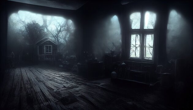 Surreal scene interior of a terrible ghost house. Halloween season, scary building, spider webs. Ai generated image