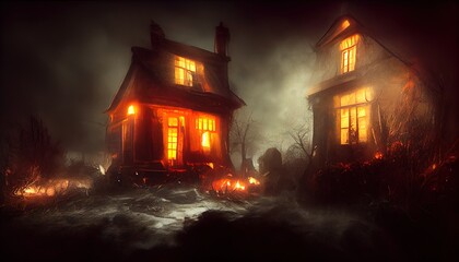 Naklejka premium Halloween house with some pumpkins. Scary building at night, trees and forest