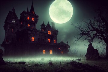 A computer 3D illustration of spooky halloween haunted mansion castle scene. A.I. generated art.
