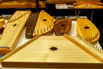 Vintage musical instruments balalaika dombra gusli wooden patterns.