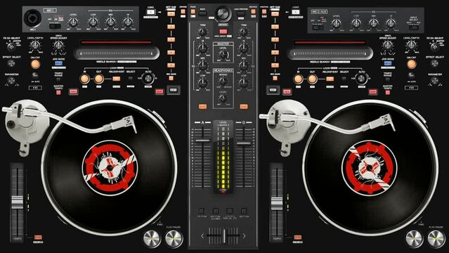 The DJ console turntables software runs on the touch monitor computer. The discs spinning and volume control lights move up and down periodically.  