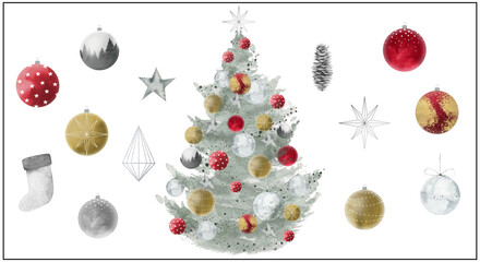 Christmas Watercolor Set. Christmas tree decor illustration on white background.