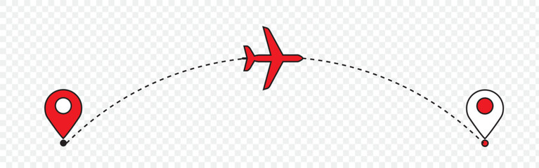 Airplane line path. Air plane flight route with start point and dash line trace. Vector concept illustration.
