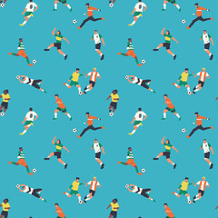 Diverse soccer player men athlete team seamless pattern. Colorful retro style football game male players print illustration. Includes foot ball kick pose, goalkeeper catch background. © Dedraw Studio