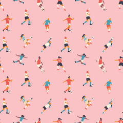 Diverse all women soccer player  team drawing seamless pattern. Colorful retro style female athlete playing football game. Woman competition print, sport background illustration.  © Dedraw Studio