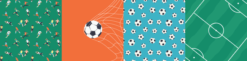 Set of diverse soccer player men athlete team pattern. Colorful retro football game illustration collection. Includes foot ball print, stadium field background and goal shot. © Dedraw Studio