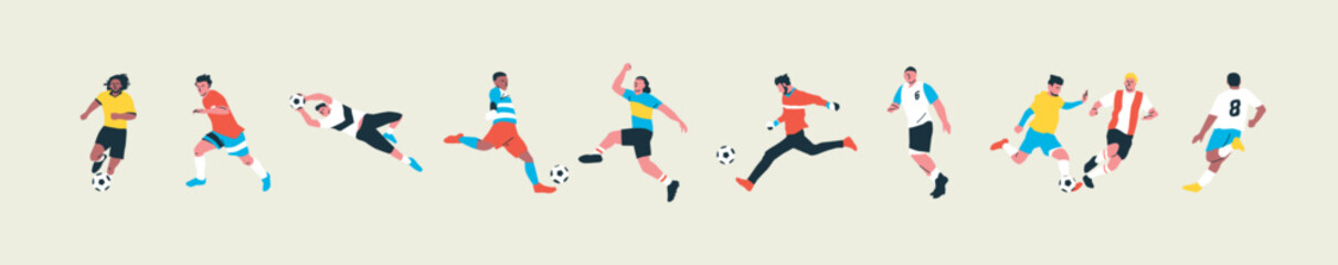 Fototapeta na wymiar Set of diverse soccer player men athlete team figures. Colorful retro style football game male players illustration collection. Includes foot ball kick pose, goalkeeper catch on isolated background.